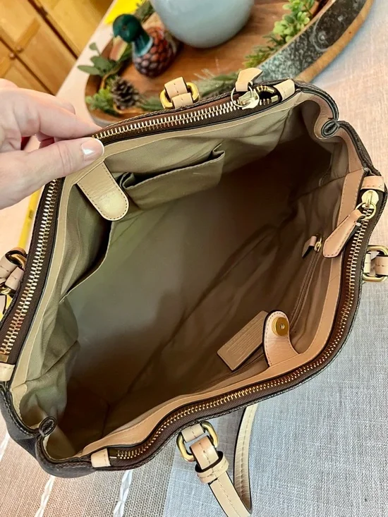 🤎Coach Signature Brown Canvas Tote Tan Leather Trim Shoulder Bag Zip Top - Picture 15 of 16